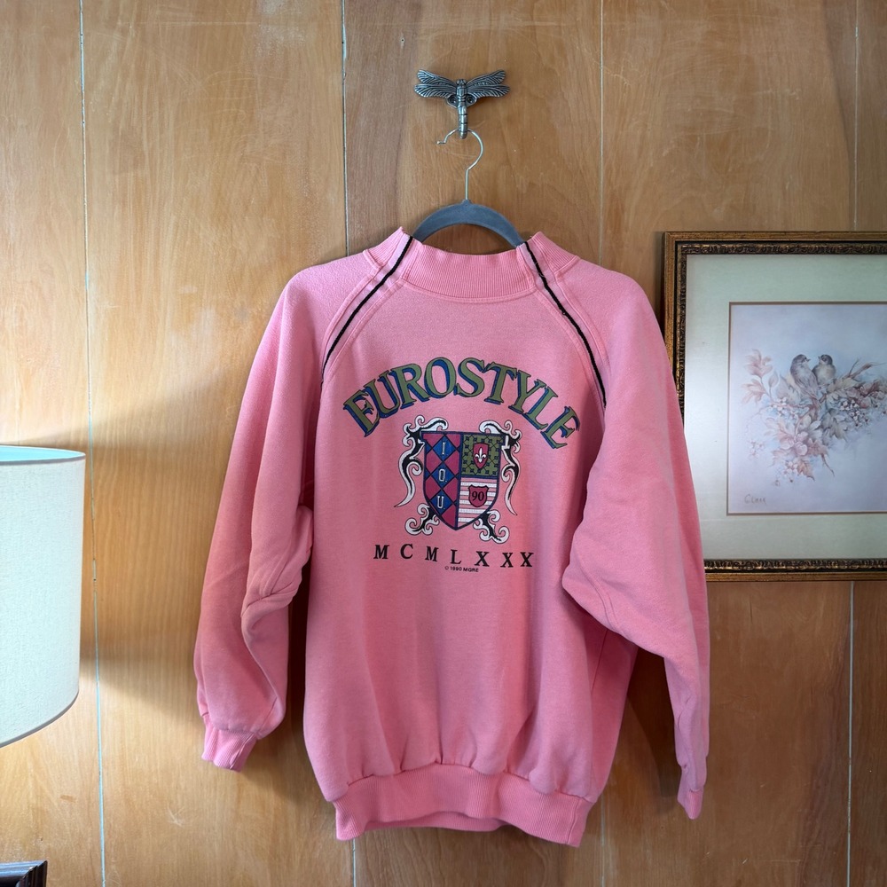 Vintage 1990 Eurostyle Sweatshirt Large Pink Raglan Crest Graphic 90s